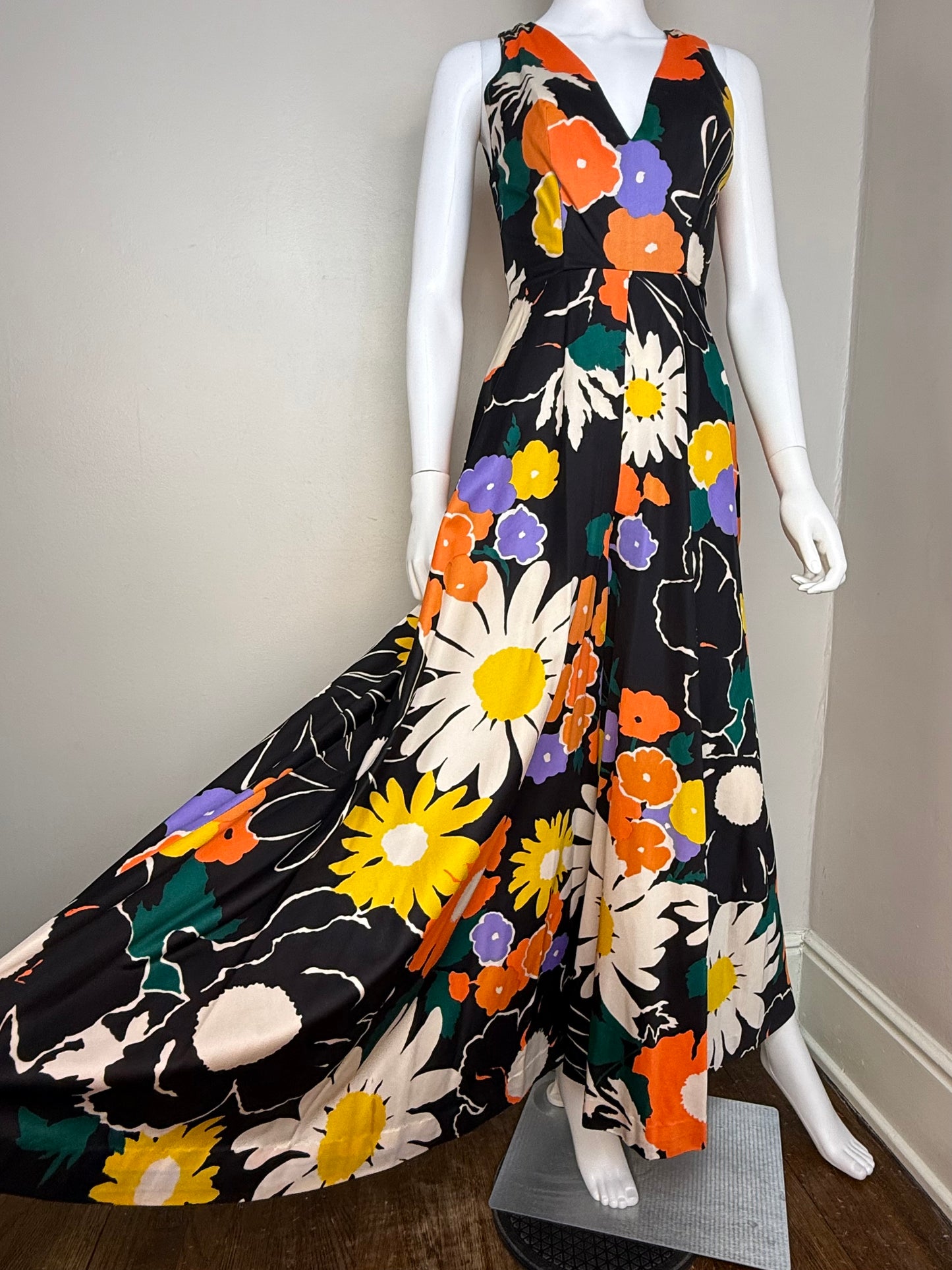 1960s/70s Black Floral Wide Leg Jumpsuit, Size XXS/XS