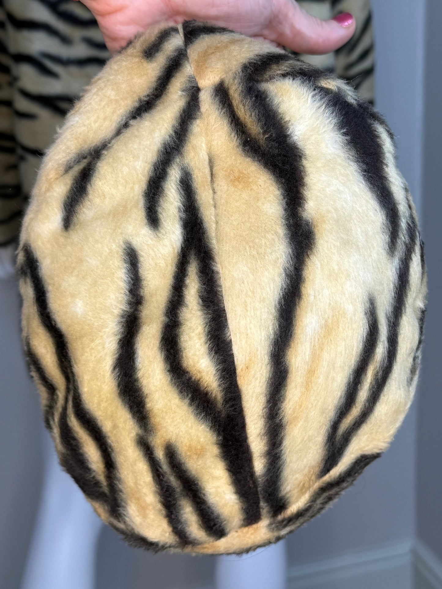 1960s Tiger Print Faux Fur Coat and Hat Set, Handmade Size Medium-Large