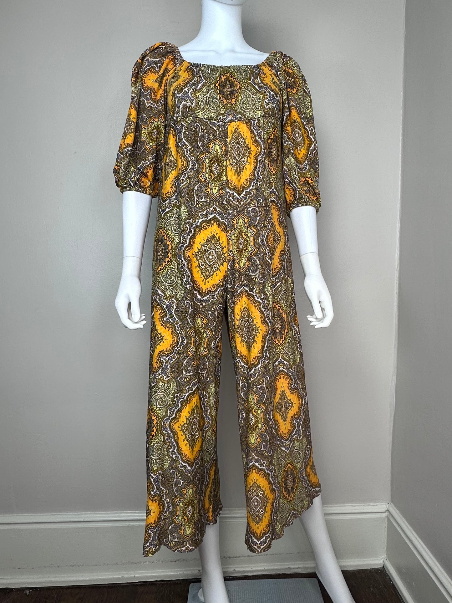 1970s Orange Paisley Print Jumpsuit, Size XS, Wide Leg, Empire Waist, Elastic Neck