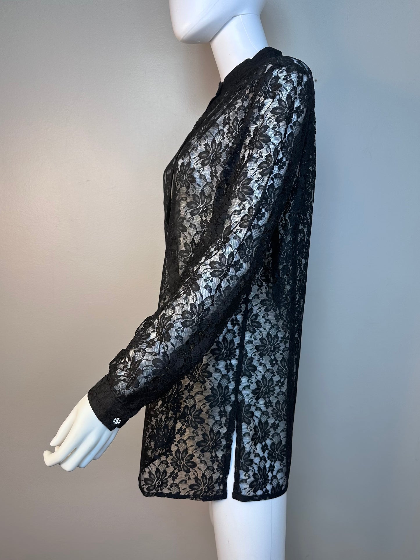 1970s Black Lace Long Sleeve Tunic with Rhinestone Flower Buttons, Saks Fifth Avenue Size Medium, Micro Mini Dress