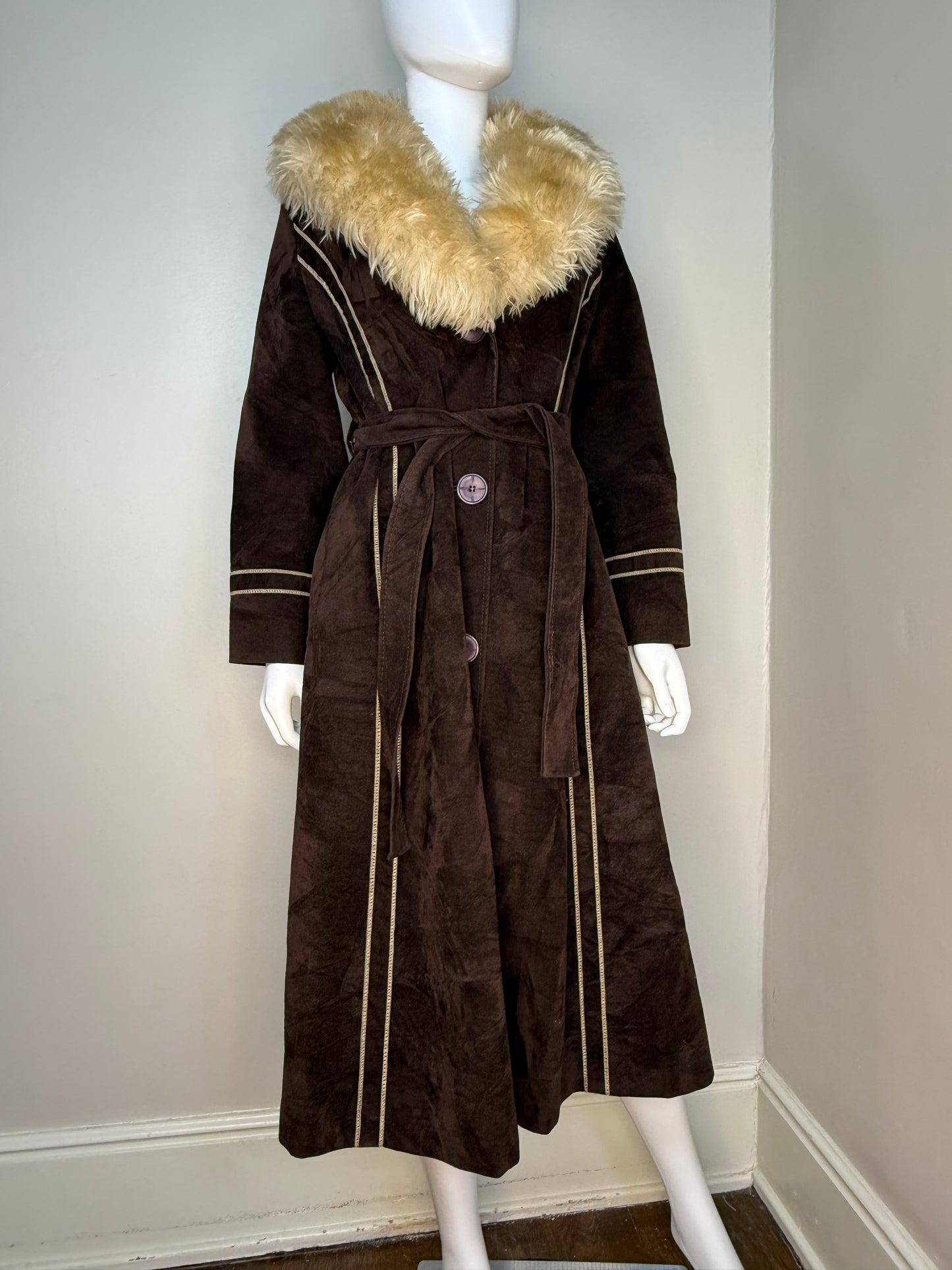 1970s Brown Velvet Coat with Faux Fur Collar, Size Small, Penny Lane