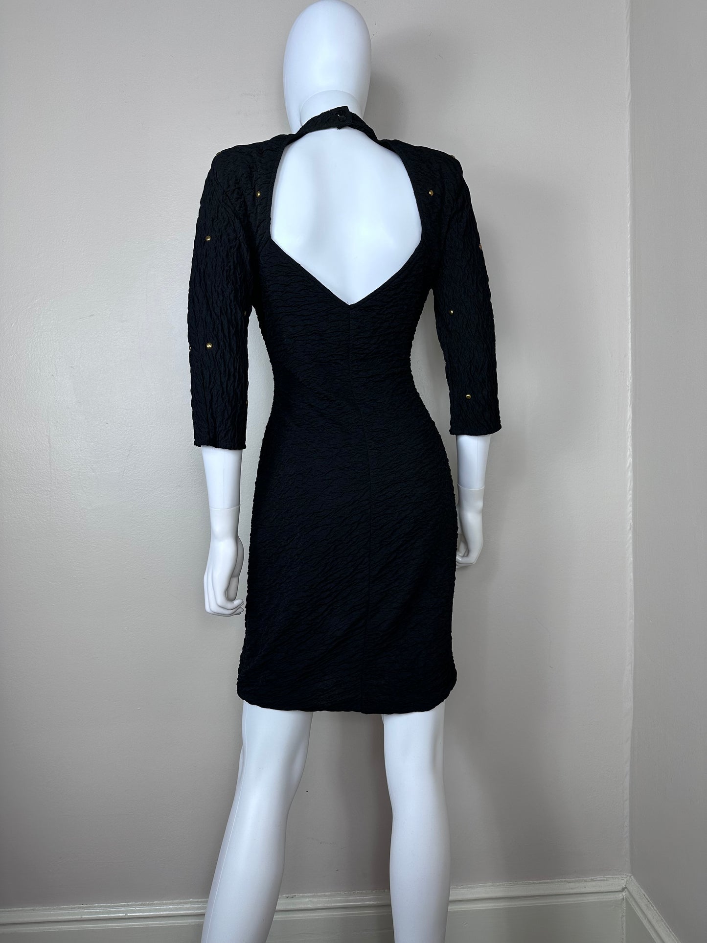 1980s Black Studded Bodycon Dress with Cut Outs Size Medium