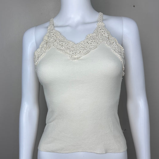 1990s Cream Boho Tank Top, Crochet Trim Size Small