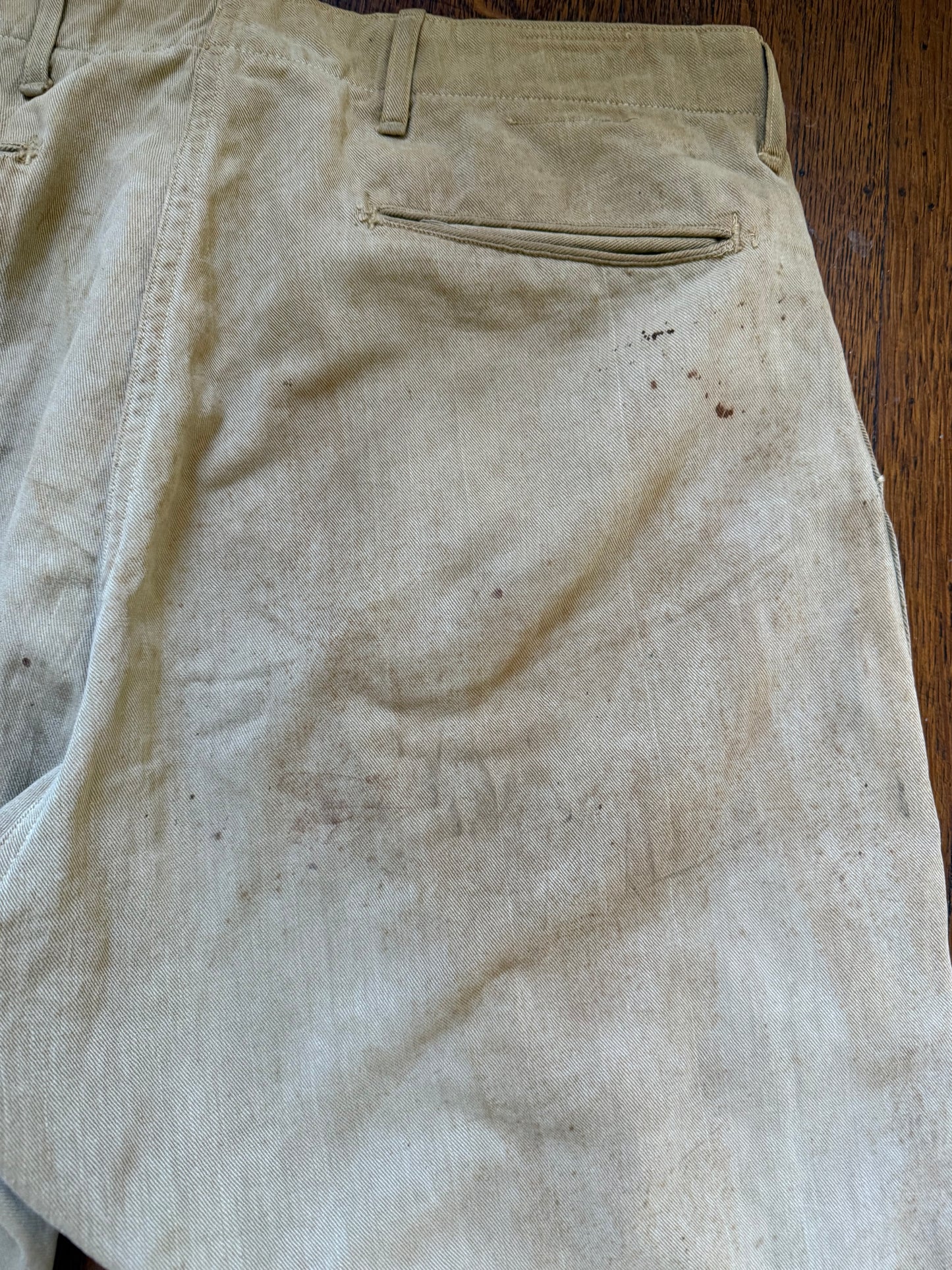 1910s WW1 Khaki Canvas Jodhpurs Pants, Summer Riding Breeches, Distressed Patina, 33"x26.25"