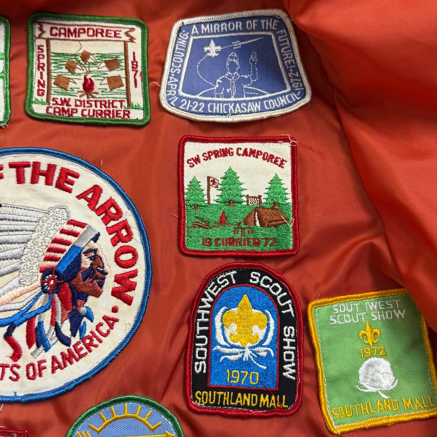 1960s Orange Nylon Jacket with 60s/70s Boy Scouts Camp Patches, Size Medium, Order of the Arrow, BSA
