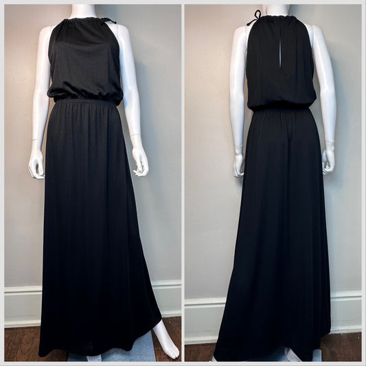 1970s Black Sleeveless Maxi Dress, Career Guild Size Medium, Drawstring Neck, Back Keyhole