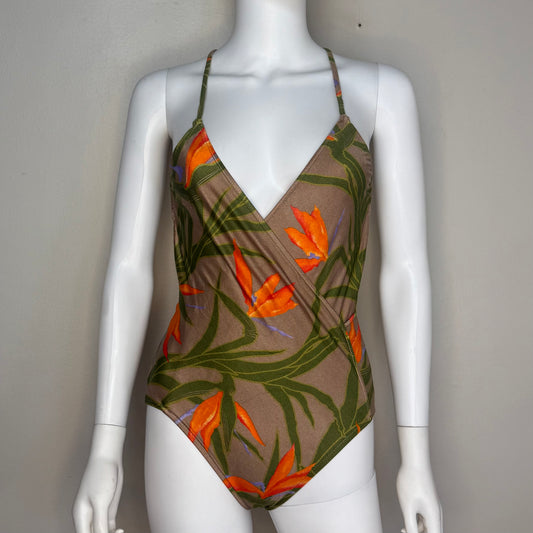 1970s Brown and Orange Floral One Piece Swimsuit, Bobbie Brooks Size XS/Small