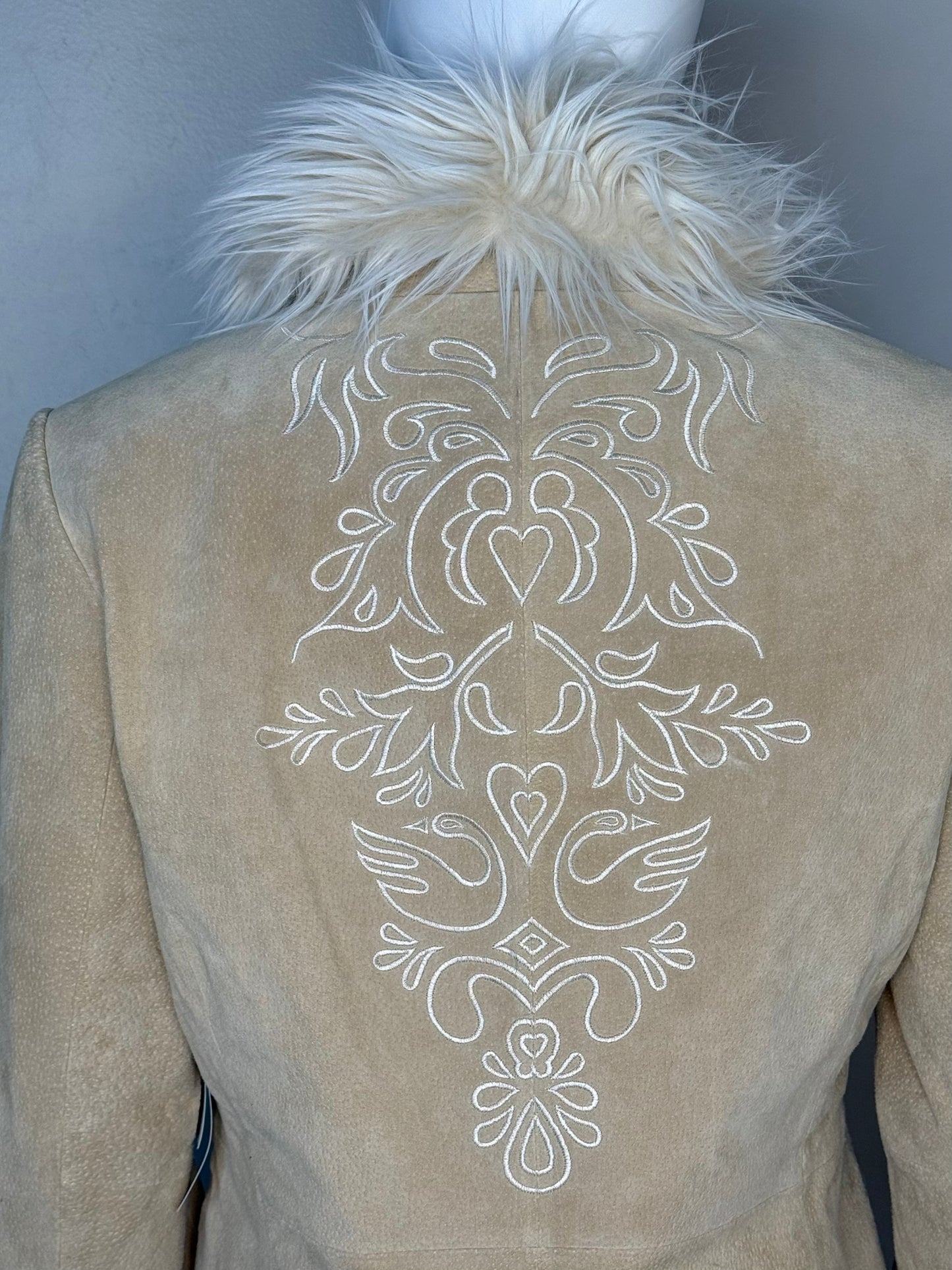 1990s/Y2K Leather and Faux Fur Penny Lane Coat, Embroidered, Mix It Size S/M, JCPenney, Deadstock New with Tags