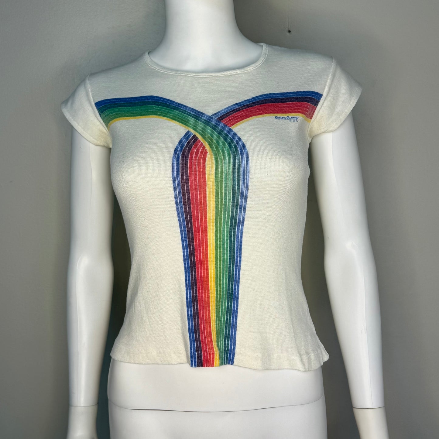 1970s Rainbow Stripe T-Shirt, Cotton Candy of California Size XS/S, Femme Cut Tee