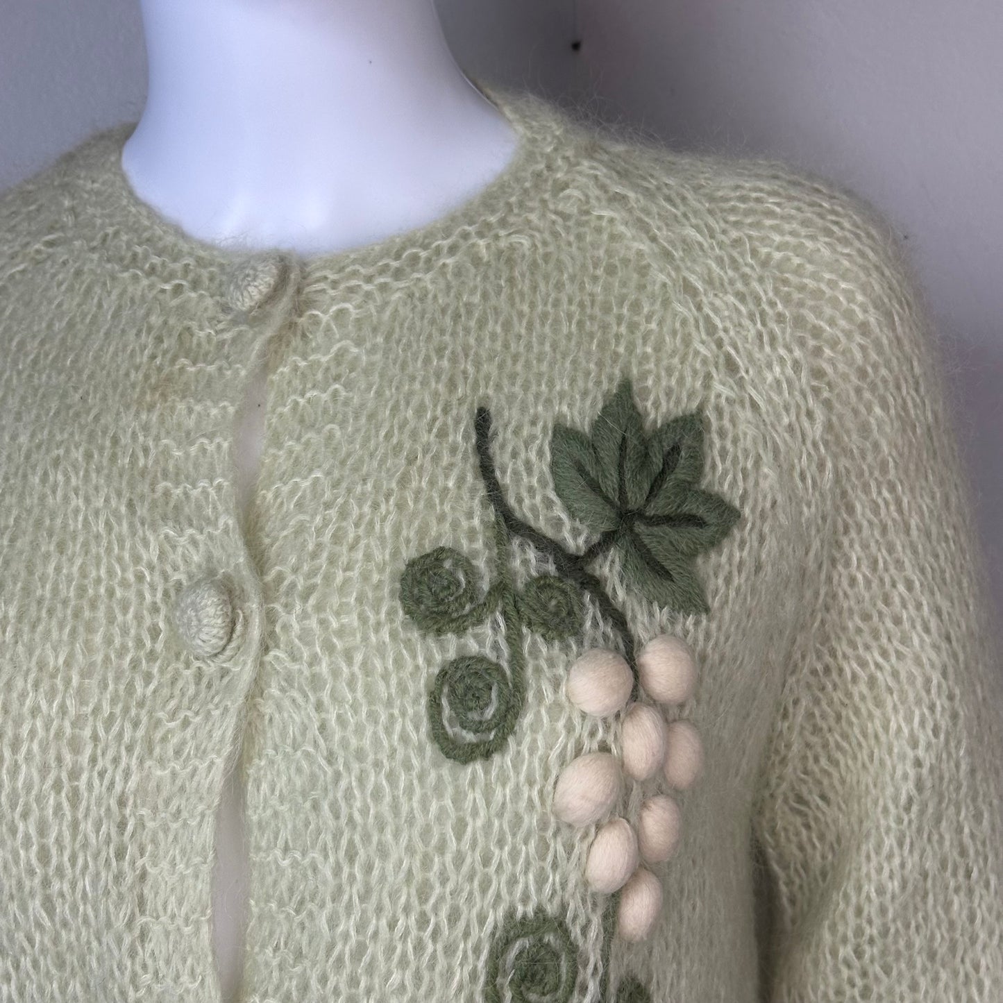 1960s Fuzzy Lime Green Cardigan Sweater with 3D Grapes Embroidery, Size Medium, Lined