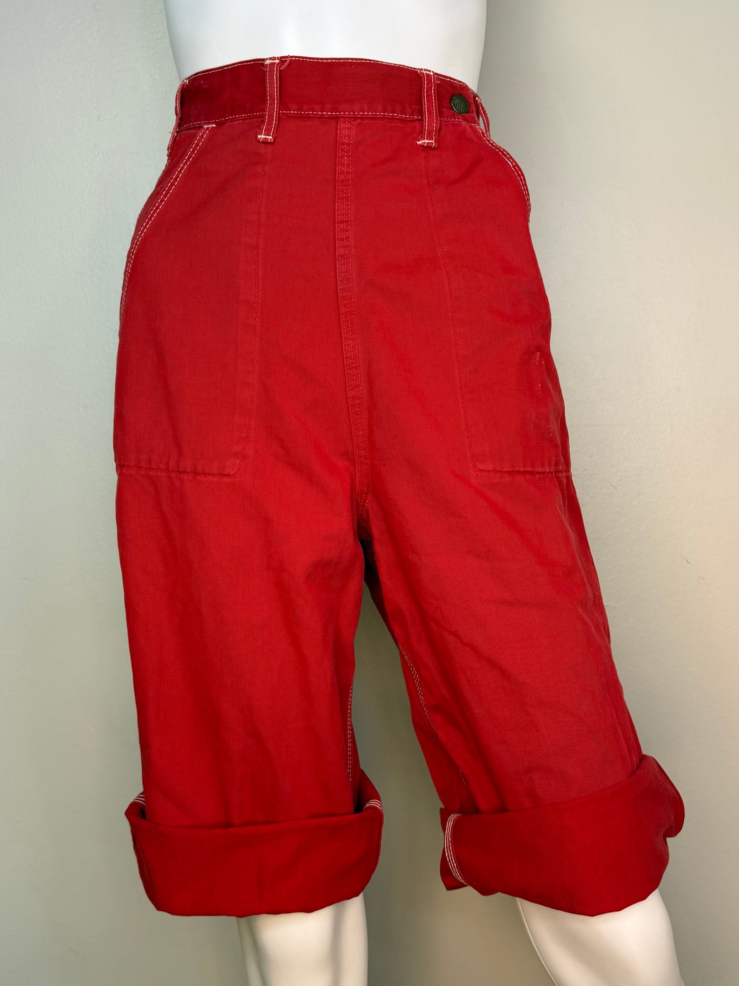 1950s Side Zip Red Denim Pedal Pushers, Cropped Dungarees, Stephens Size XXS, 23.5"x16"