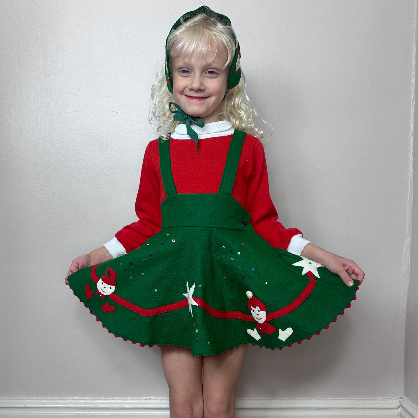 1950s Girls’ Kitschy Felt Christmas Suspenders Skirt with Matching Ear Muff, Handmade Size 4T