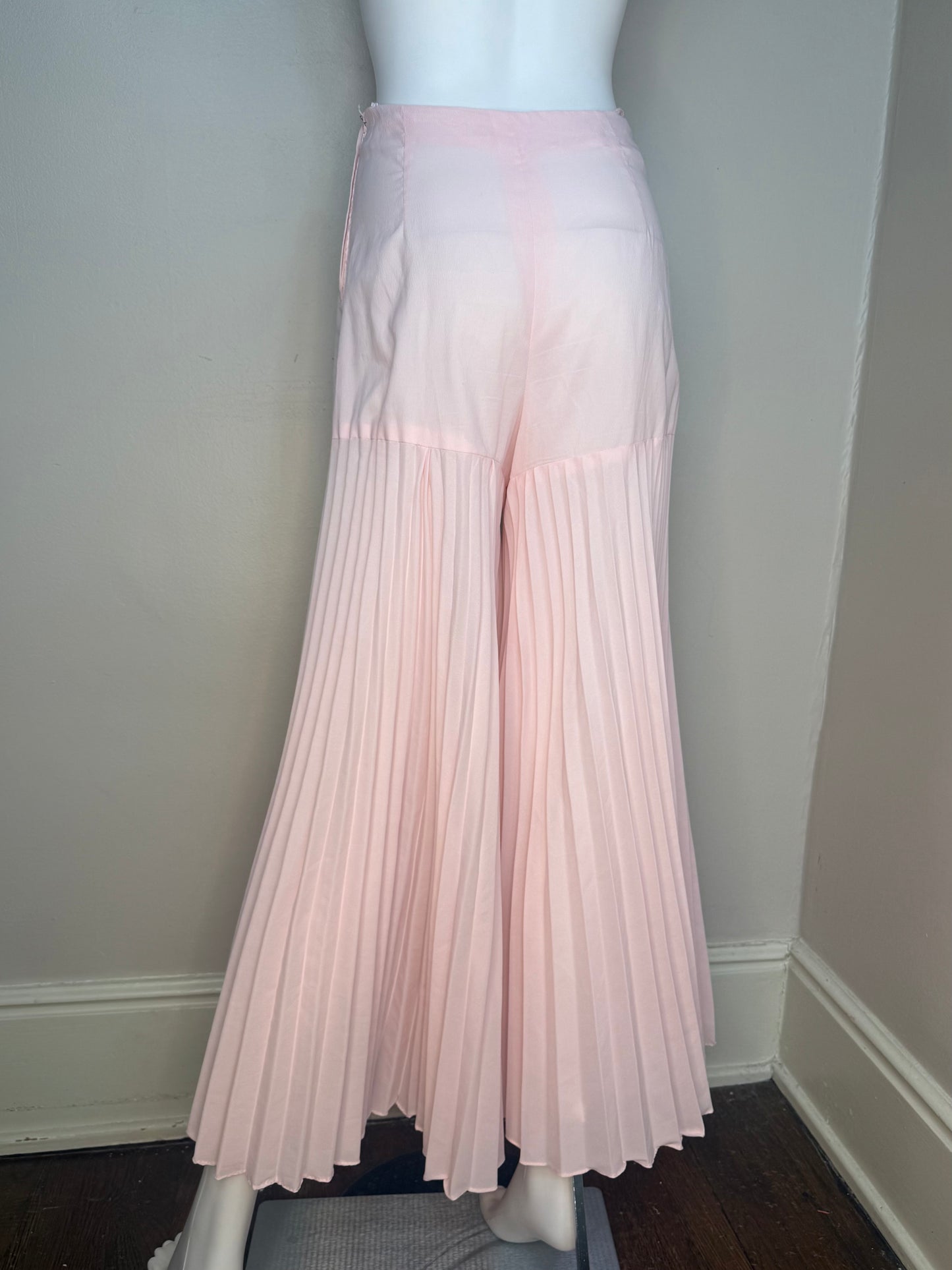 1960s Pastel Pink Pleated Mini Dress and Palazzo Pants Set, Bell Sleeves, Extra Wide Legs, Size XS-Small