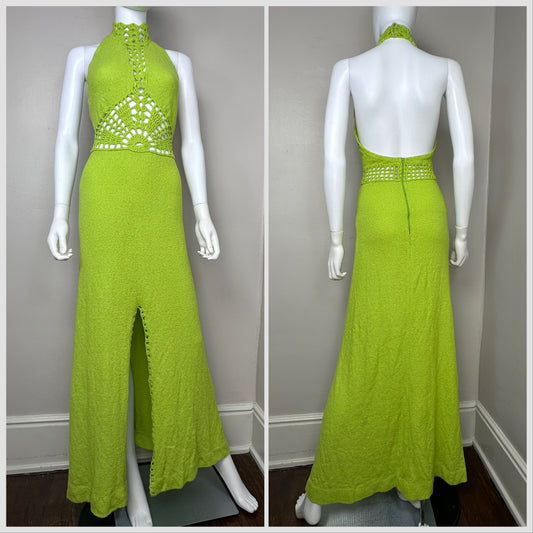1970s Neon Green Crochet Halter Maxi Dress with Cut Outs, Dolphin California Size XS