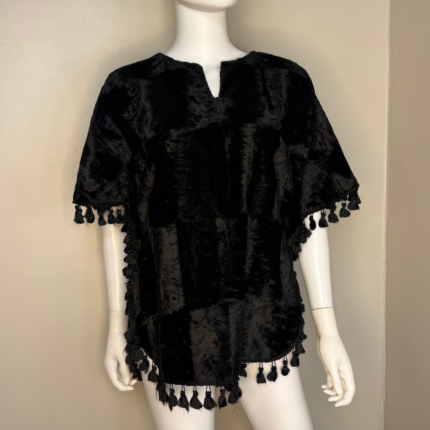 1970s Black Velvet Poncho with Fringe, Handmade Size Small-Medium