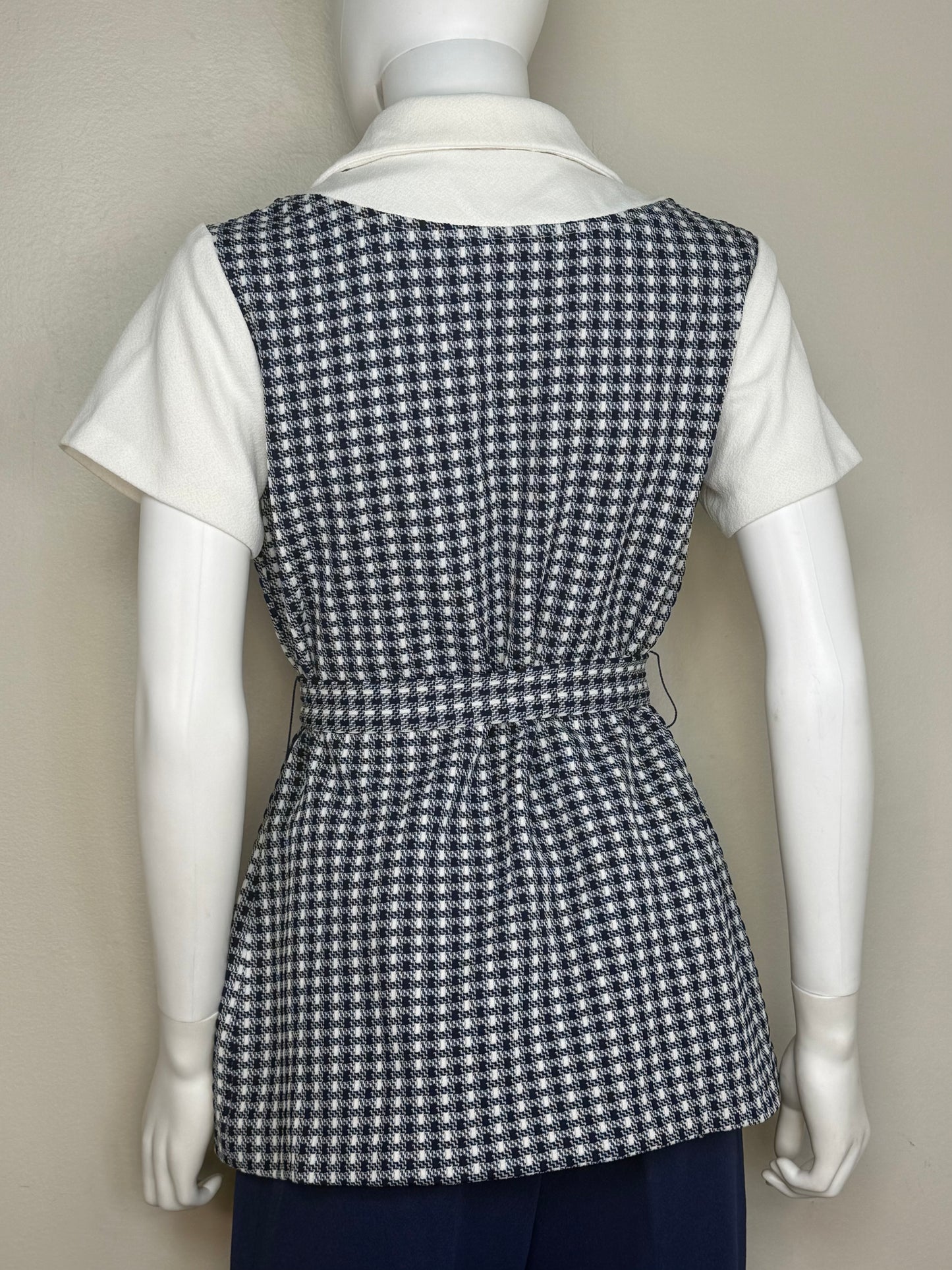 1970s Double Knit Short Sleeve Pant Suit, Navy Blue Polyester Tunic and Bell Bottom Pants, Size Medium