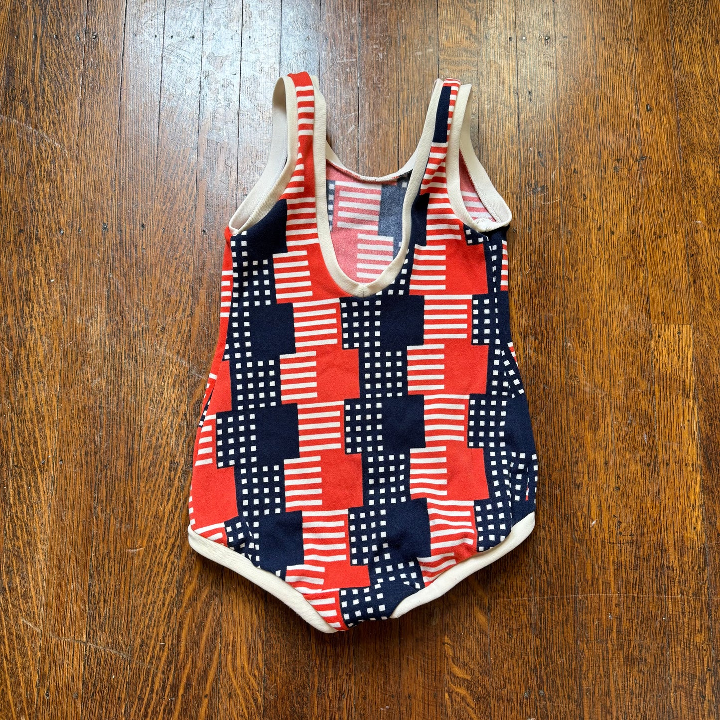 1970s Red White and Blue Geometric Print Girls’ Swimsuit, One Piece, Florence Eiseman Size 8