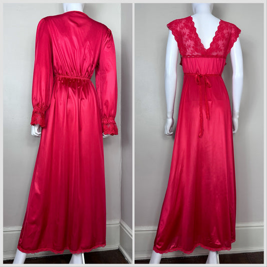 1970s Red Peignoir Set, Pinehurst Lingerie Size Medium, Full Length Nightgown and Robe Set