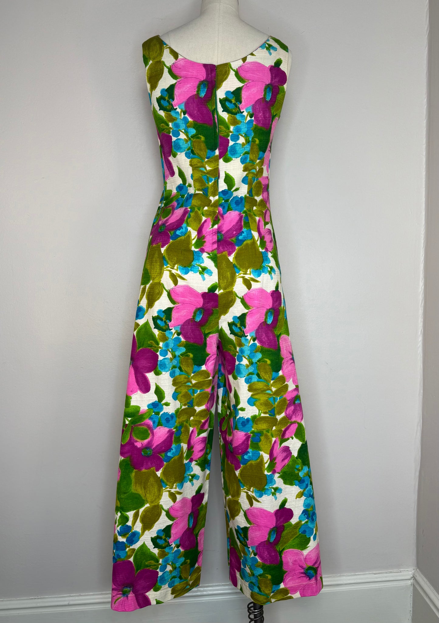 1960s Hawaiian Floral Cotton Barkcloth Jumpsuit, Wide Leg, Lauhala Hawaii Size XXS