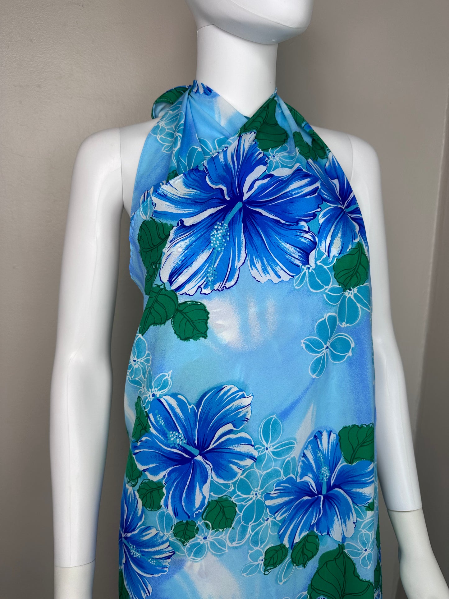 1970s Hawaiian Halter Wrap Maxi Dress, Maxi Skirt, Tropical Blue Floral