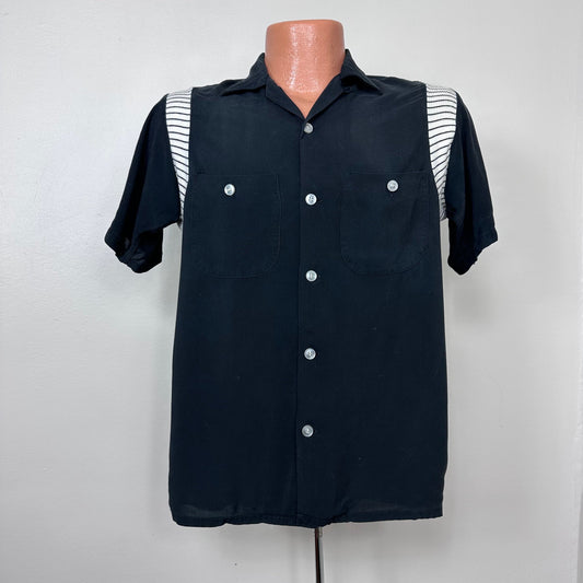 1960s Black Loop Collar Bowling Shirt with Black and White Stripe Knit Inserts, Olympian The 300 Bowler Size Small, Blank