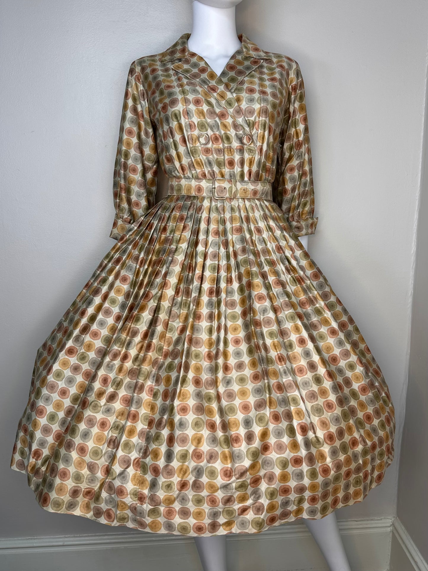 1950s/60s Mocha Polka Dot Shirtwaist Dress with Full Skirt, Wendy Woods Size XS