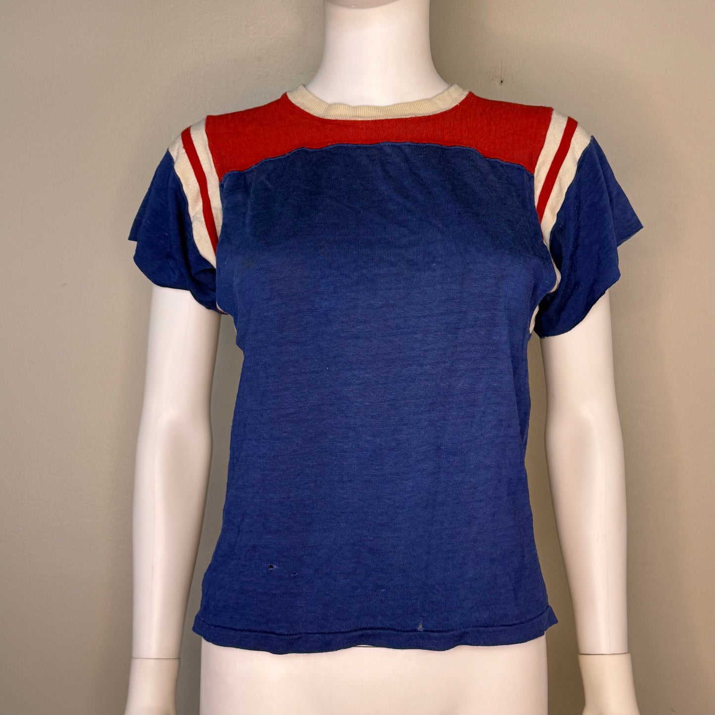 1960s Blue and Red Jersey Durene T-Shirt, Size Small, Distressed