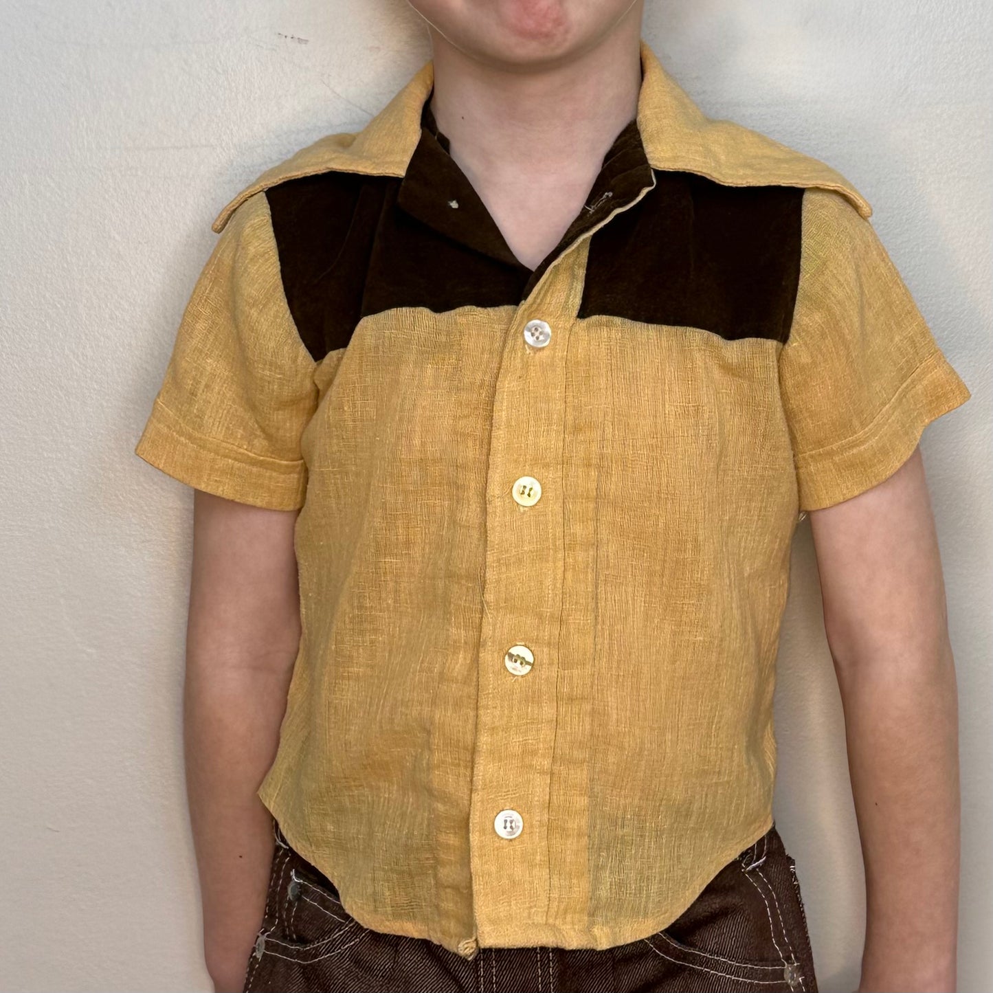 1970s Kids Tan and Brown Western Shirt Size 4/5