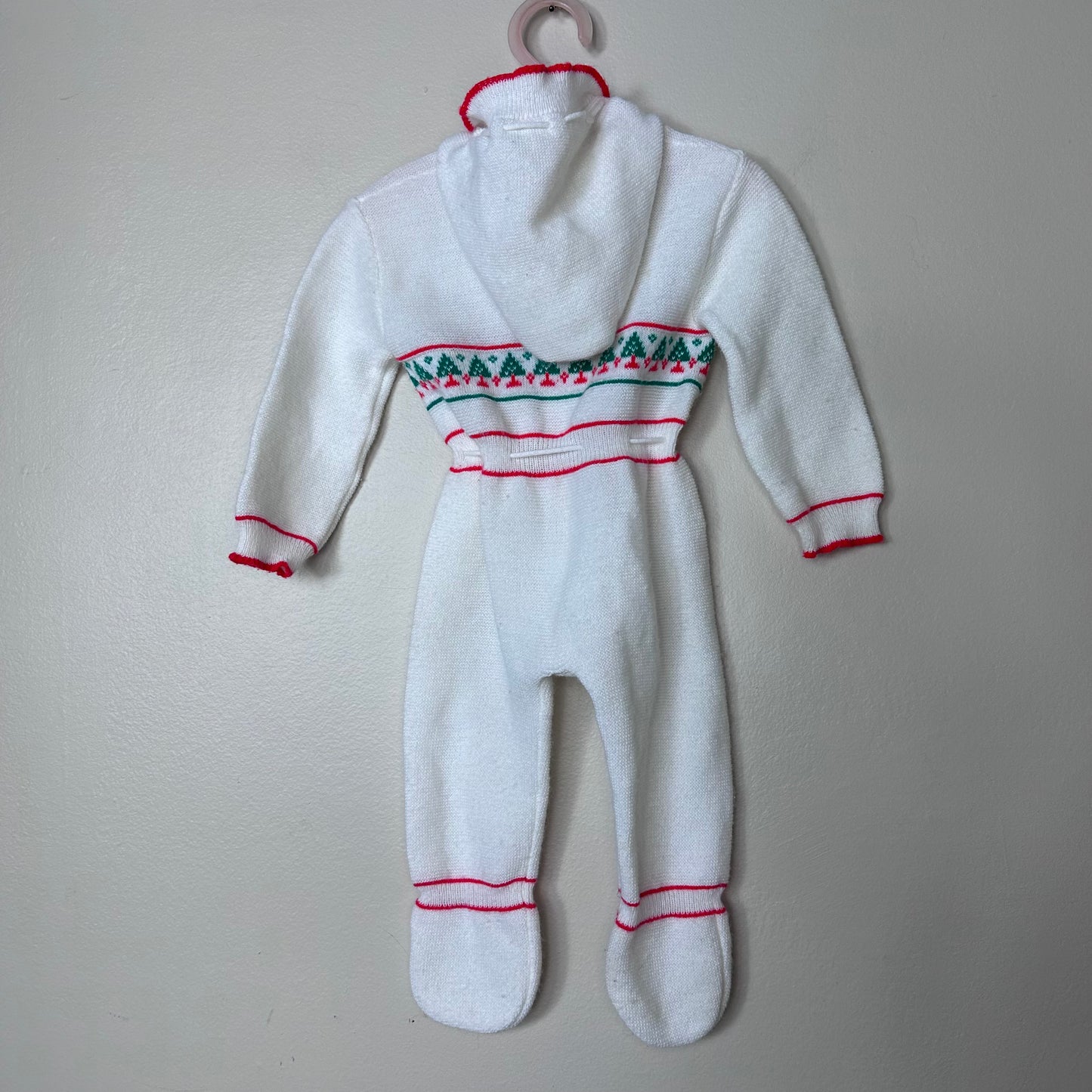 1970s/80s Baby Christmas Tree Hooded Sweater Romper, Atkins Size 3-6m, Footie Onesie