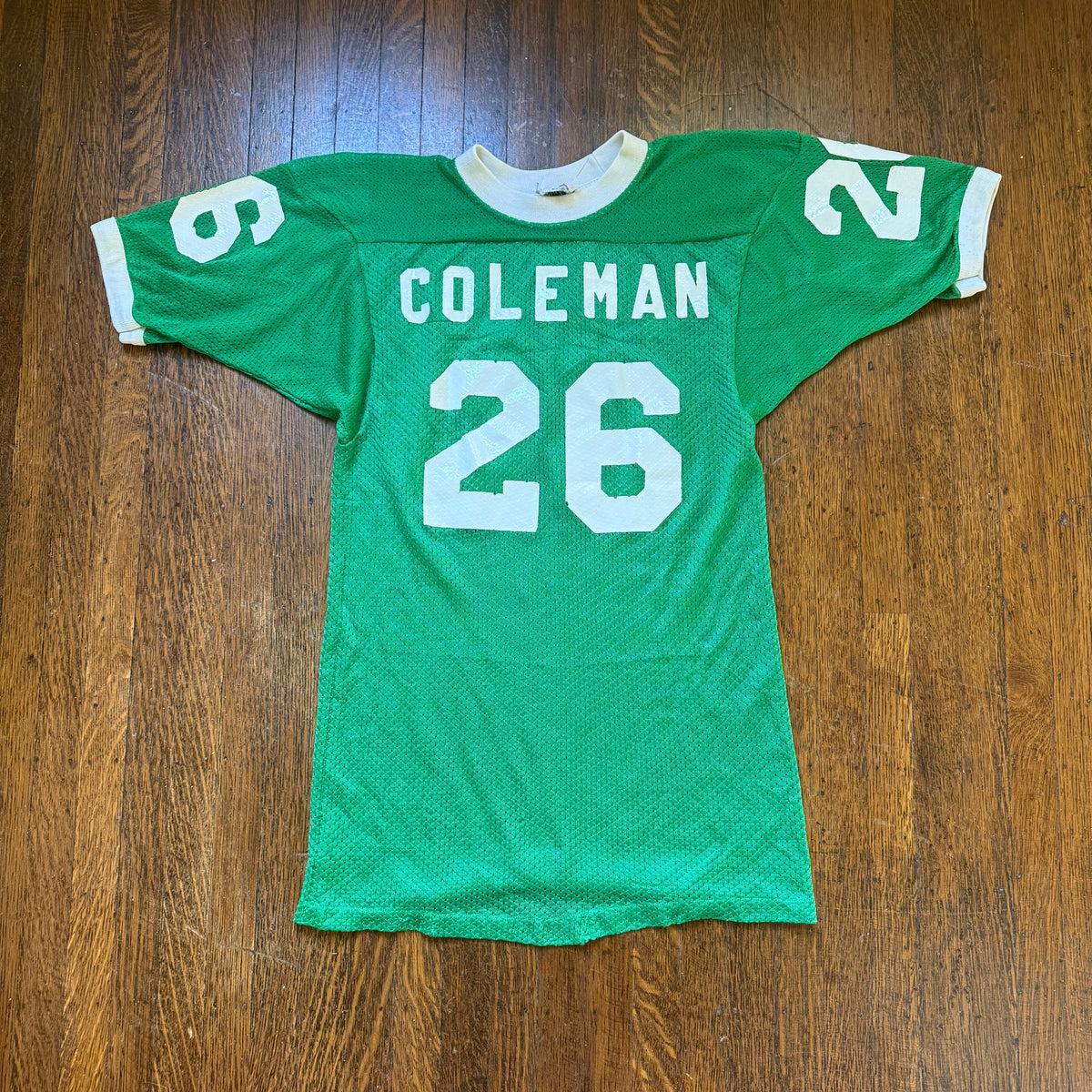 1970s Kids' Green Mesh Jersey T-Shirt, Coleman No 26, Youth Medium/Adult XS