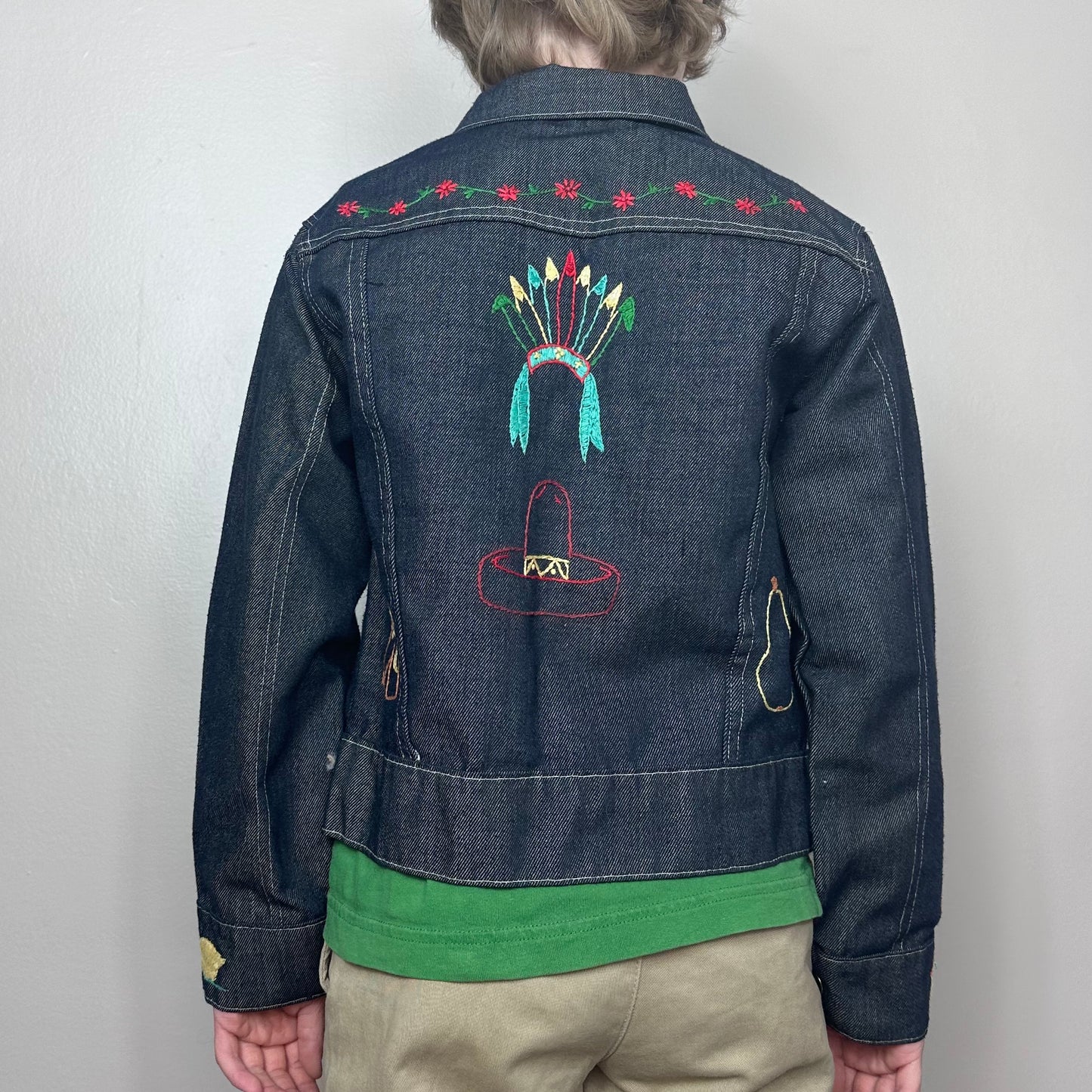 1970s Kids Blue Jean Jacket with Hand Stitched Embroidery, Toughskins Denim, Sears Boys Size 8/9