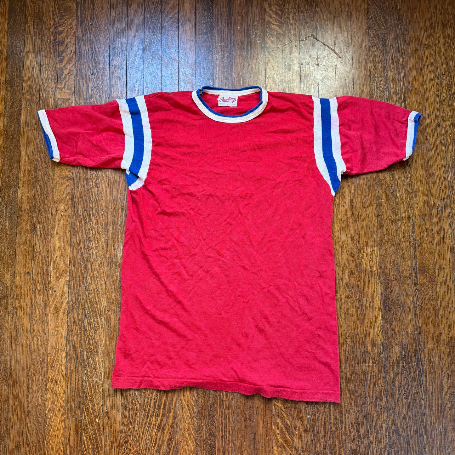 1960s Red Durene Jersey T-Shirt, Jewish Center, Rawlings Size Medium, Distressed