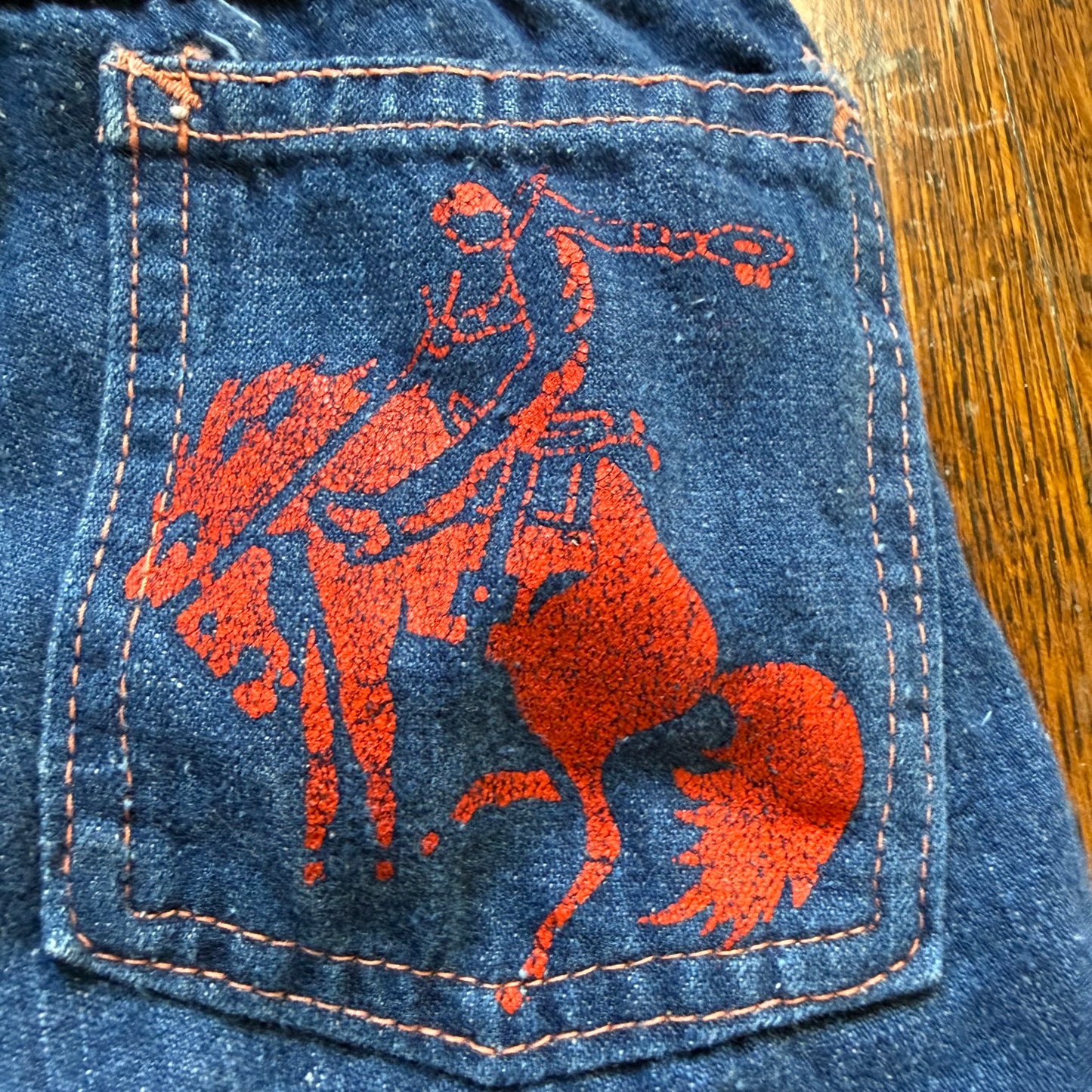 1950s Kids' Big Smith Suspender Blue Jeans, Cowboy Print Pockets, Size 2T