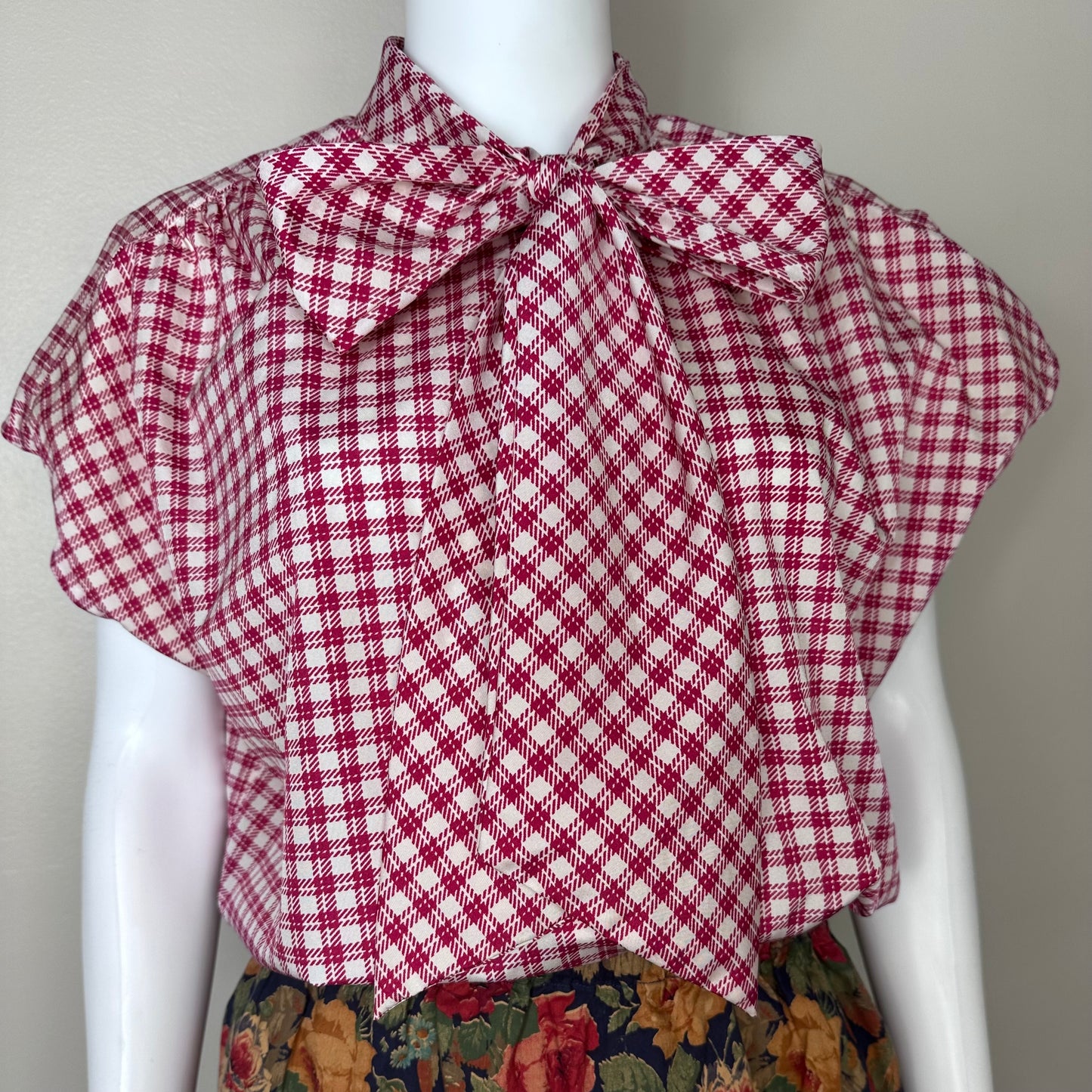 1970s Raspberry Plaid Sleeveless Bow Blouse, Laura Mae Size 1X/2X