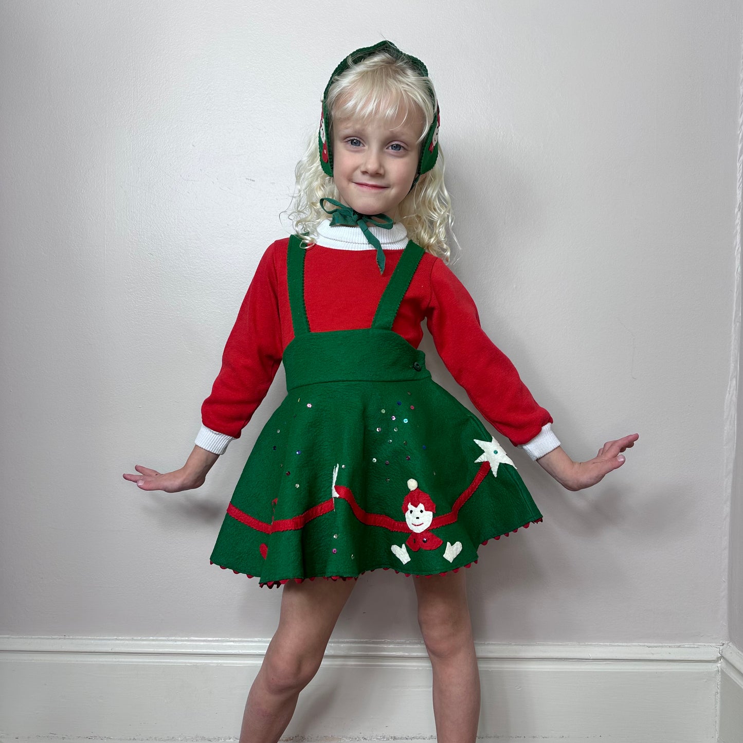 1950s Girls’ Kitschy Felt Christmas Suspenders Skirt with Matching Ear Muff, Handmade Size 4T