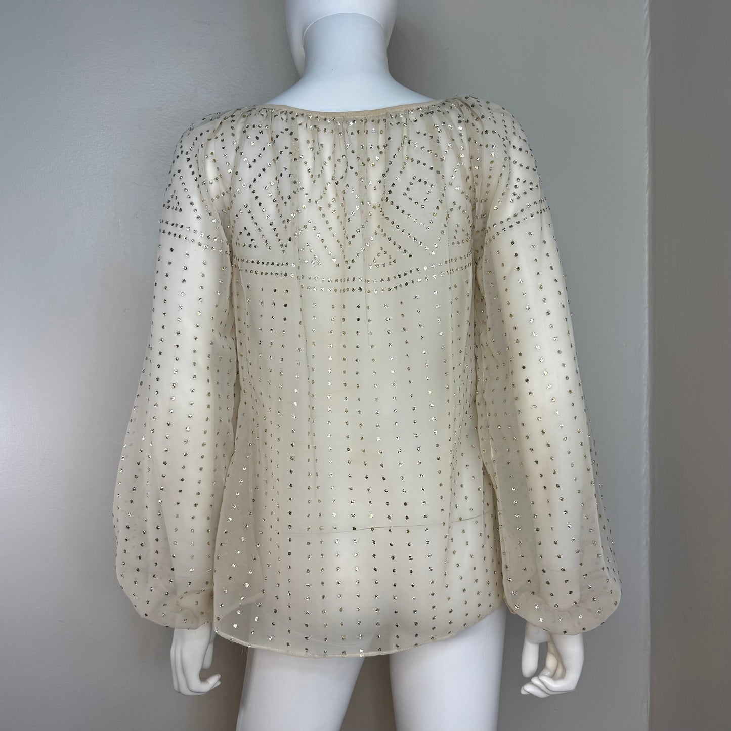 1970s Sheer Cream Blouse with Glitter Polkadots, Balloon Sleeves, Anthony Muto A.M./P.M. Size Small