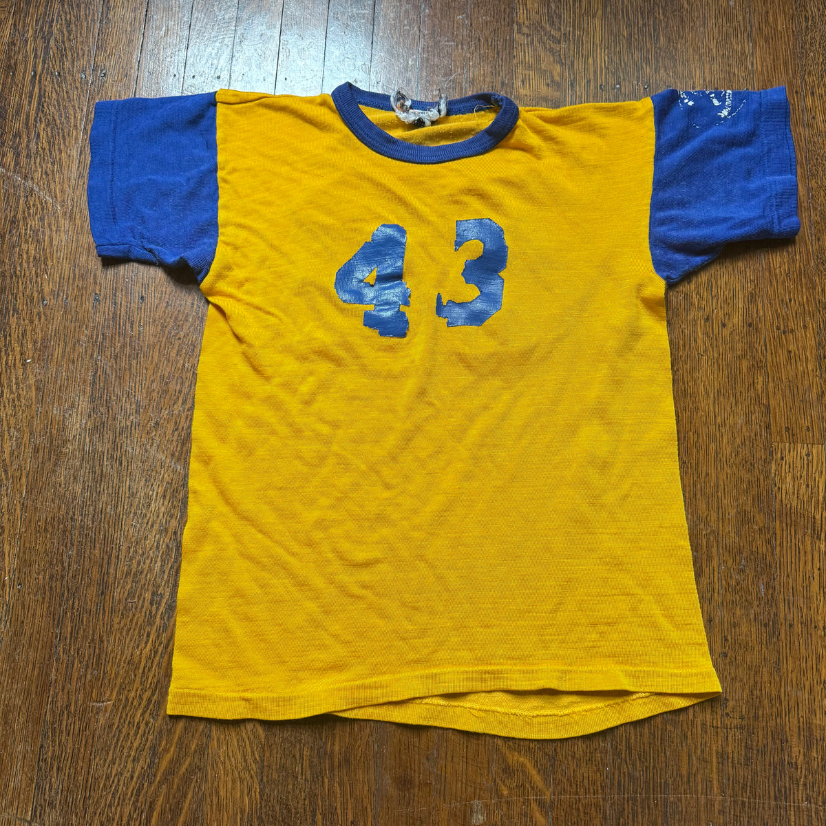 1960s/70s Kids’ Yellow and Blue Durene Jersey T-Shirt Youth Medium, No 43, Distressed