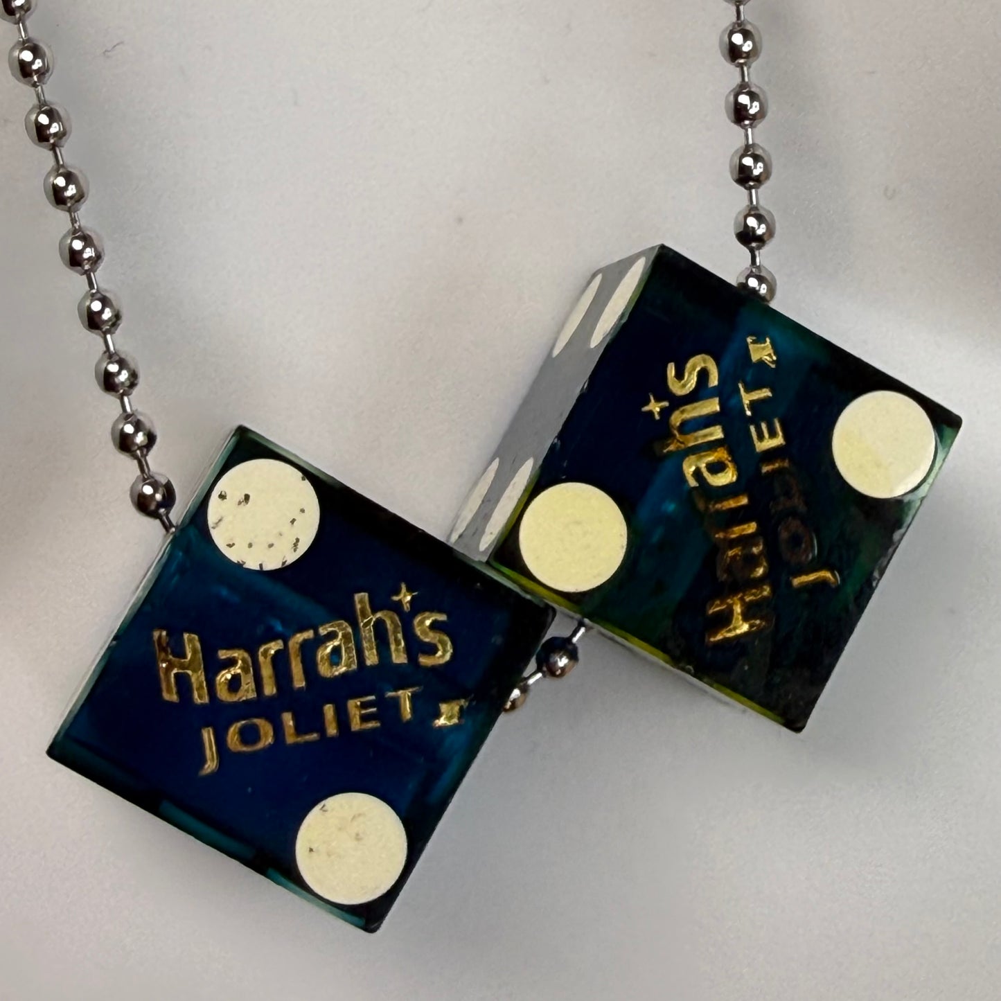 Vintage Dice Necklace, Harrah’s Joliet Casino, Translucent Blue