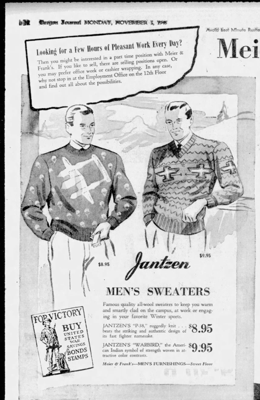 1940s Jantzen P-38 Sweater, Blue, Size 40, WW2 Fighter Jet Plane Novelty Knit