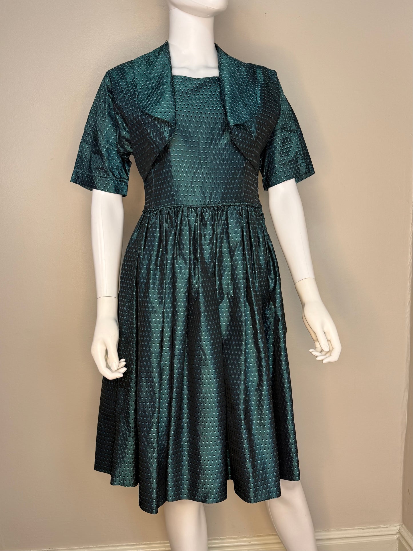 1950s Teal Green Taffeta Dress and Bolero Set, Handmade Size Small