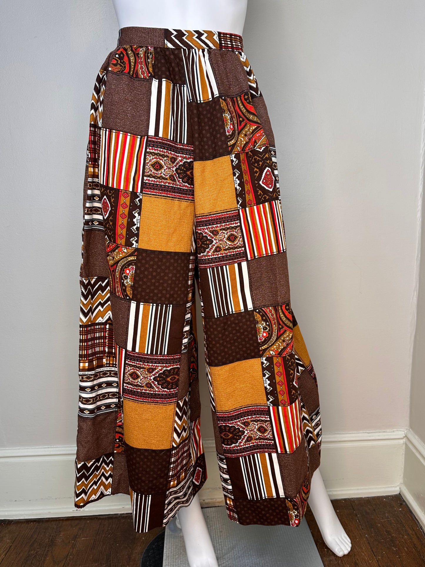 1970s Brown Patchwork Print Palazzo Pants, Handmade Size XXS, Full Wide Leg