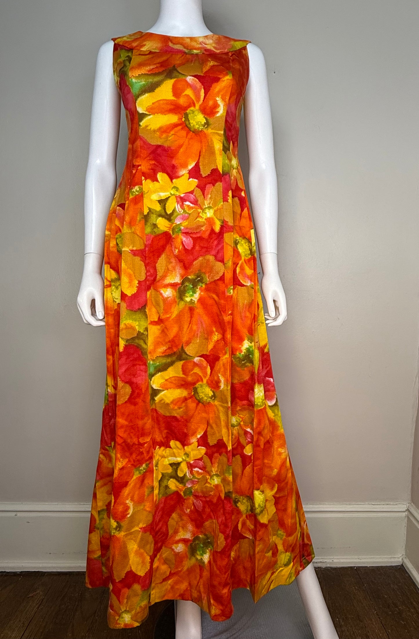 1960s Orange Hawaiian Floral Sleeveless Maxi Dress, Karen Ann Hawaii Size XS/Small, Cotton