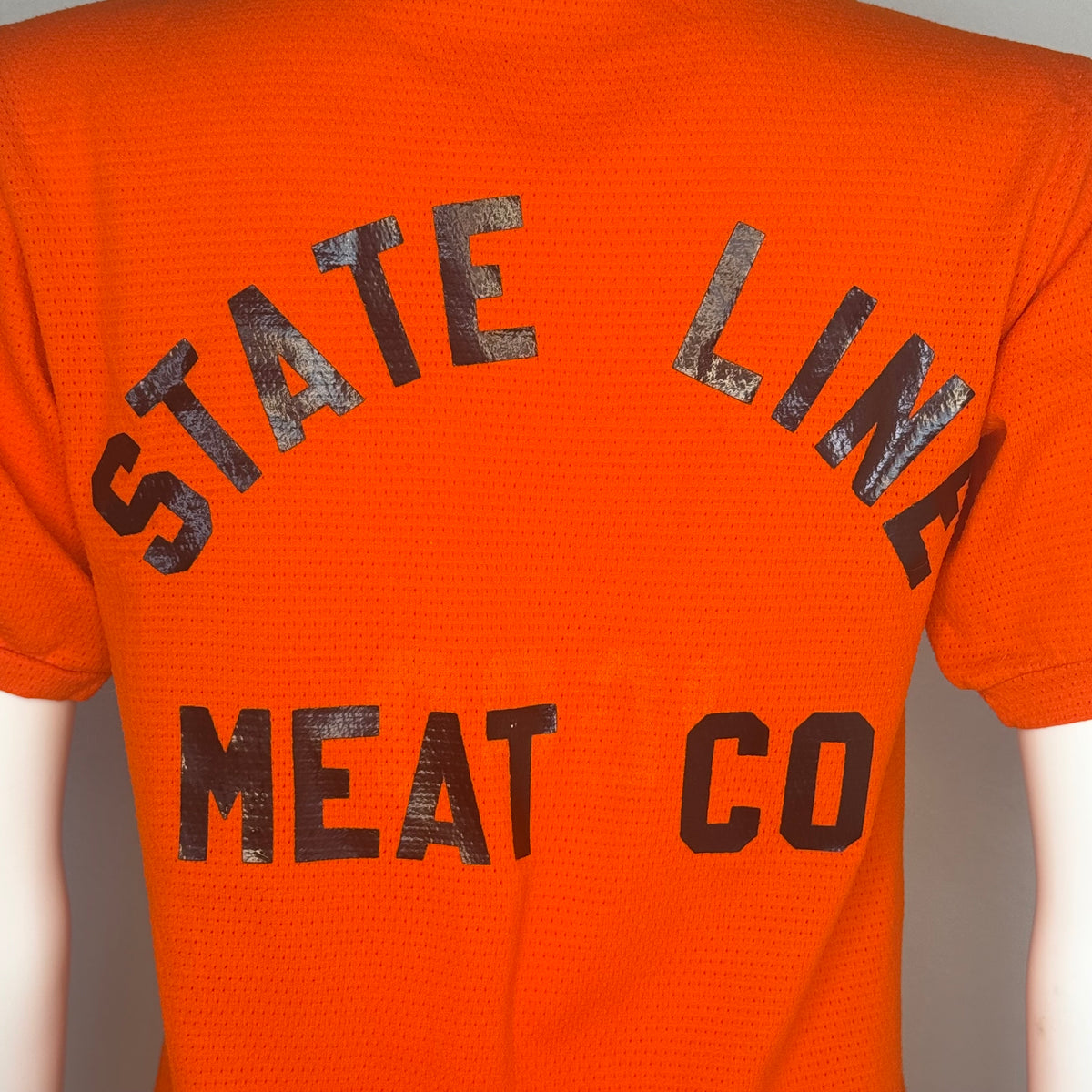 1960s/70s Orange Mesh Jersey T-Shirt, State Line Meat Co, York Arms Co Sporting Goods Memphis Size Small, No. 8