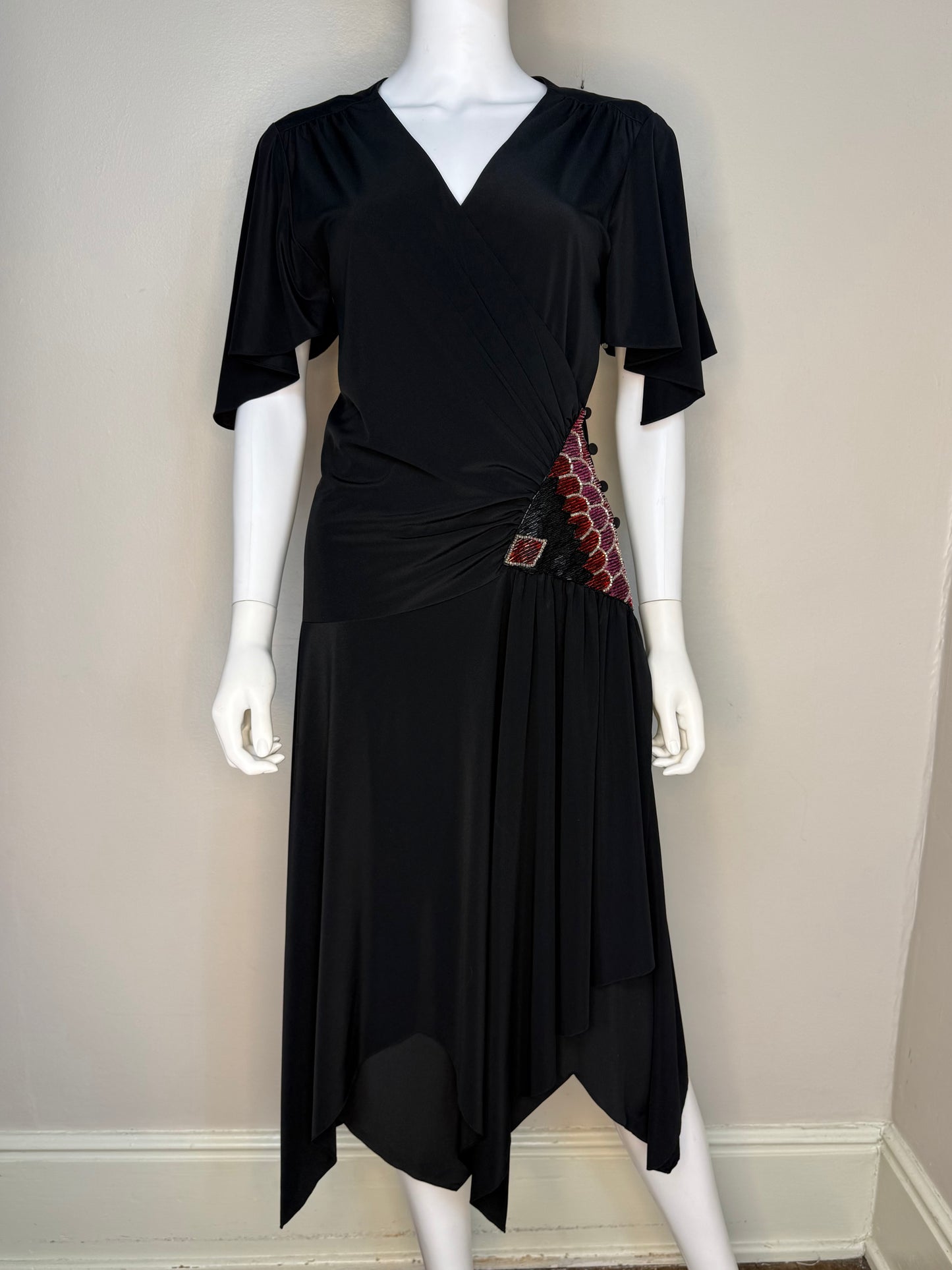 1970s/80s Black Handkerchief Hem Drop Waist Wrap Dress with Beaded Panel, Rimini Size Small-Medium