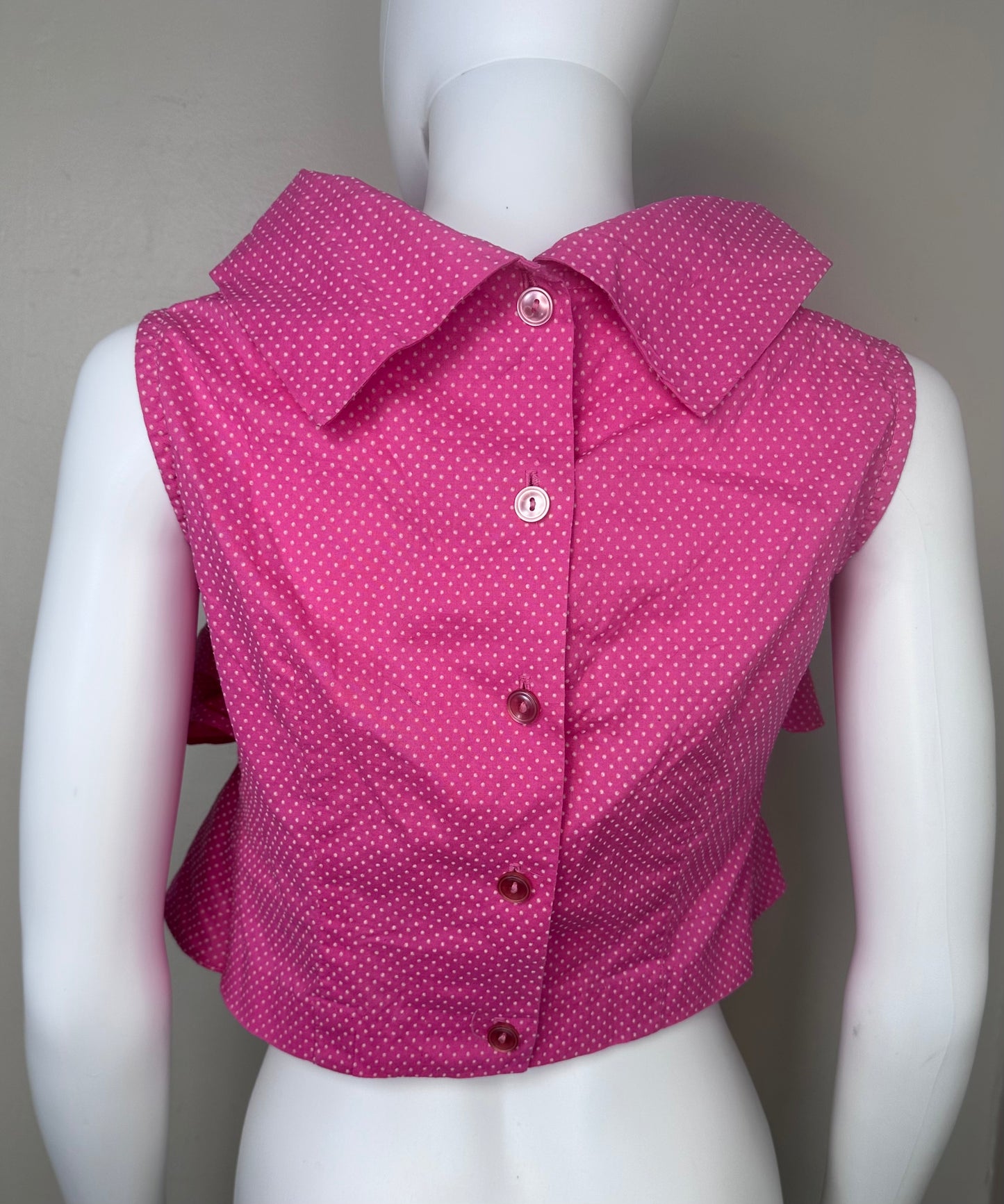 1960s Bright Pink Swiss Dot Ruffle Blouse, Size Medium