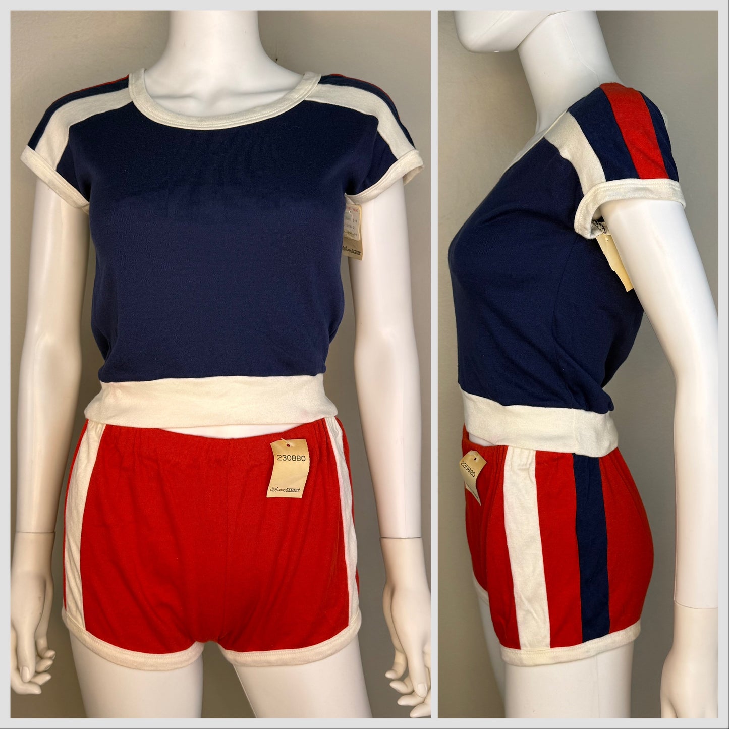 1970s/80s Red Knit Top and Shorts Set with Blue and White Stripes, Size XS-Small, Deadstock