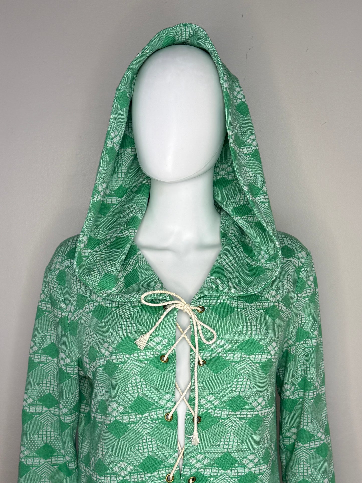 1970s Hooded Lace Up Dress, Size Medium, Green Geometric Polyester Double Knit