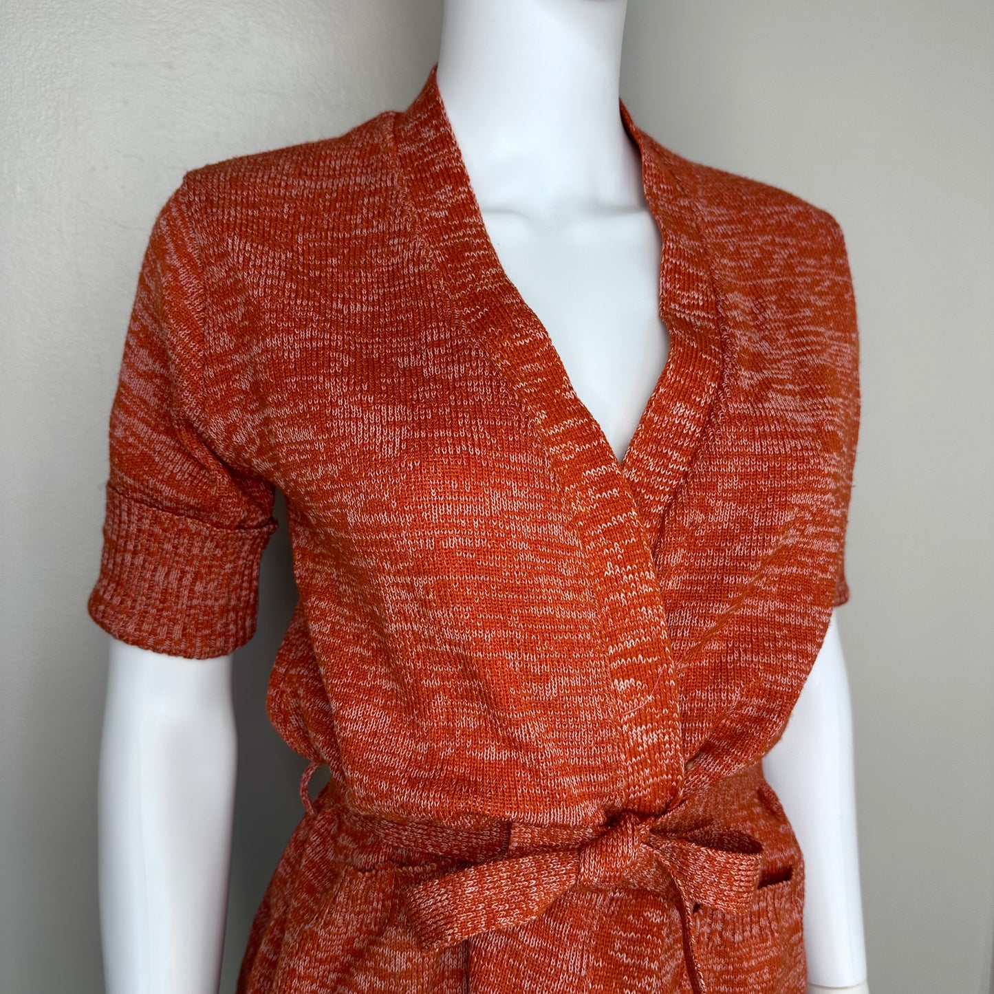 1970s Burnt Orange Short Sleeve Wrap Cardigan Sweater, Belted, Sheridan Creations Size Small