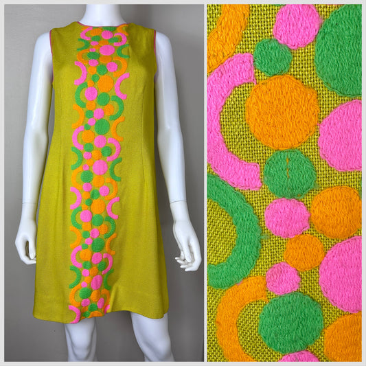 1960s Yellow Shift Dress with Neon Embroidery, Susan Thomas Size Medium