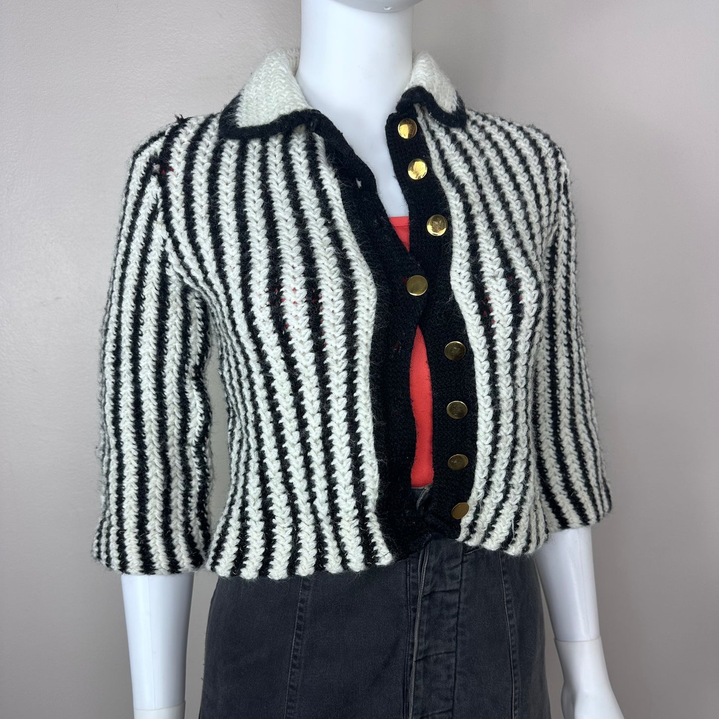 1950s Black and White Striped Fuzzy Cardigan Sweater, Barca Knit Size XXS-XS